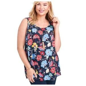 Jessica London Tank Top Womens 14W Blue Red Floral Blouse Top Plus Size